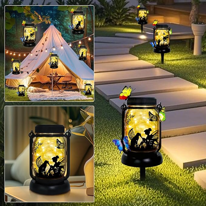 Dog Solar Lanterns Outdoor Garden Solar Dog Lights Dog & Cat Lover Gifts for Women Mom Grandma, Butterfly Fairy Lights Waterproof Hanging Mason Jar Lamps (Fairy Dog Butterfly)