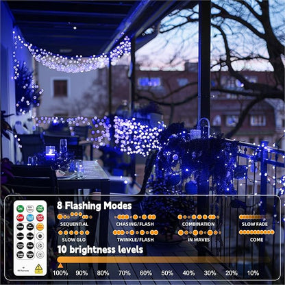 HXWEIYE Rechargeable Fairy Lights with Remote, 2 Pack 33ft 100LED Twinkle Lights with DIY Timer & Light Sensor, Waterproof Outdoor String Lights for Bedroom Patio Christmas Tree Decor, Blue