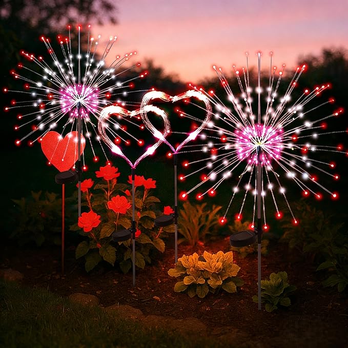 4 Pack Valentine's Day Solar Lights Outdoor, Solar Garden Lights Outside Fairy Firework Decorative,Solar Powered for Wedding,Yard Pathway Party Balcony Patio Decor (Red, White, Pink)