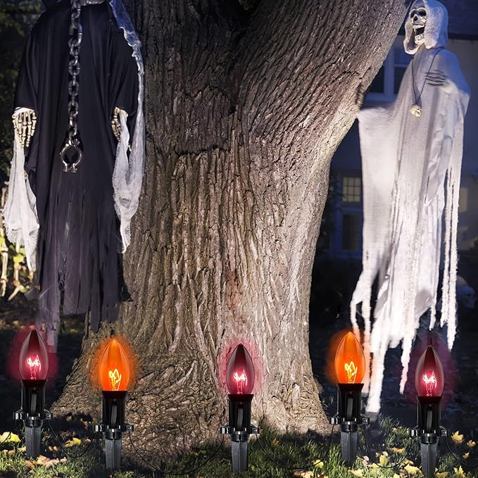 C9 Outdoor Halloween Pathway Lights - 19.5Ft Orange & Black Bulbs with 10 Stakes, Connectable Waterproof Markers for Yard, Lawn & Garden Decor