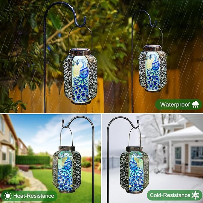 Solar Peacock Lantern Outdoor Hanging Garden Decor – Waterproof Metal & Stained Glass Light with Handle – Decorative Retro Yard Art for Patio, Porch, Table, Pathway – Gardening Gift for Mom & Women