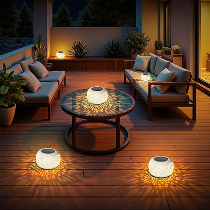 Solar Lanterns Outdoor Waterproof Lights: 2Pack White Hollow Out Metal Table Light, Outside Garden Yard Balcony Indoor Tabletop Lighting Decorations, Unique Gardening Gifts for Women Mom