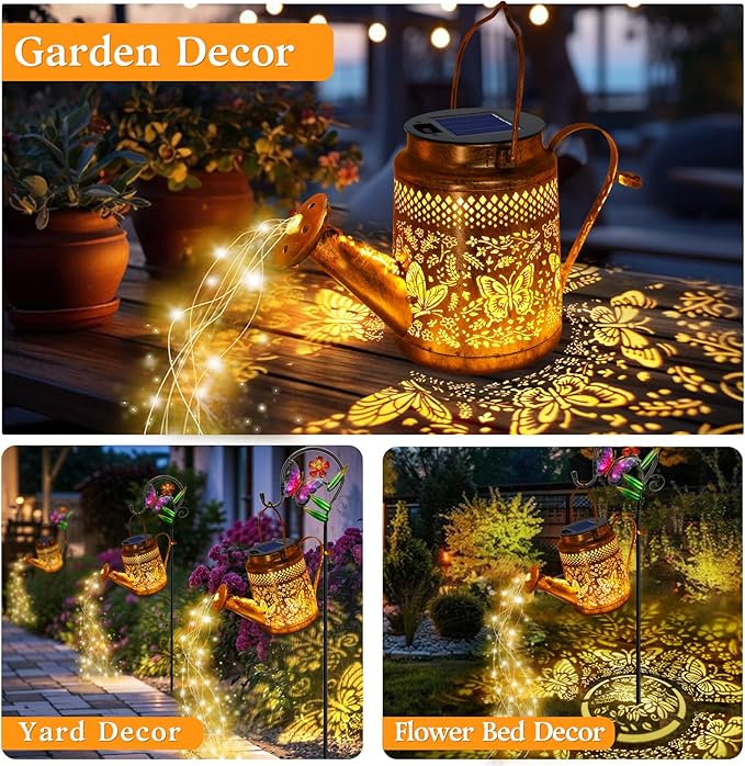 Solar Powered Butterfly Watering Can Lights Waterproof Outdoor Garden Decor with Shepherd Hook Hanging Patio Lights for Yard, Porch, Backyard Perfect Gardening & Christmas Gift for Women, Mom, Grandma