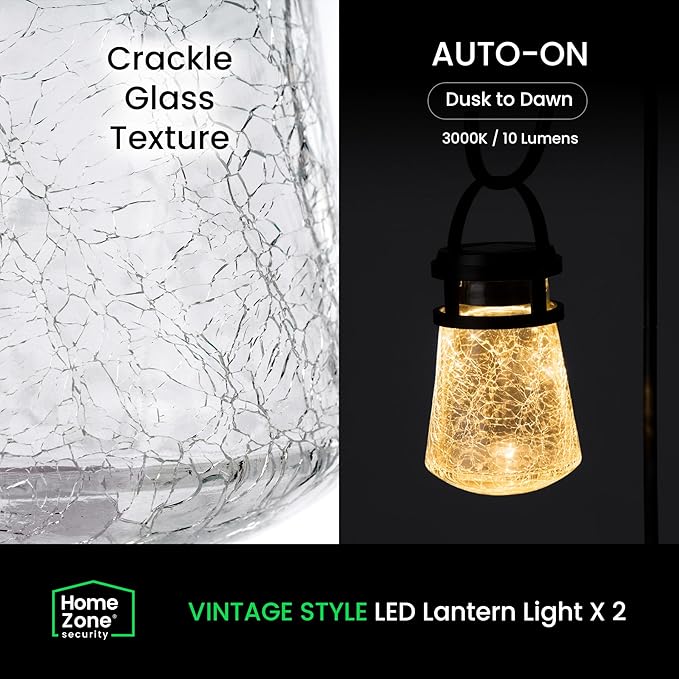 Home Zone Security 2 Packs Solar Crackle Glass Solar Lanterns Light Hanging Outdoor Waterproof 10 Lumens 3000K Decorative Large Crackle Glass Garden LED Lights, No Wiring for Patio Backyard Garden