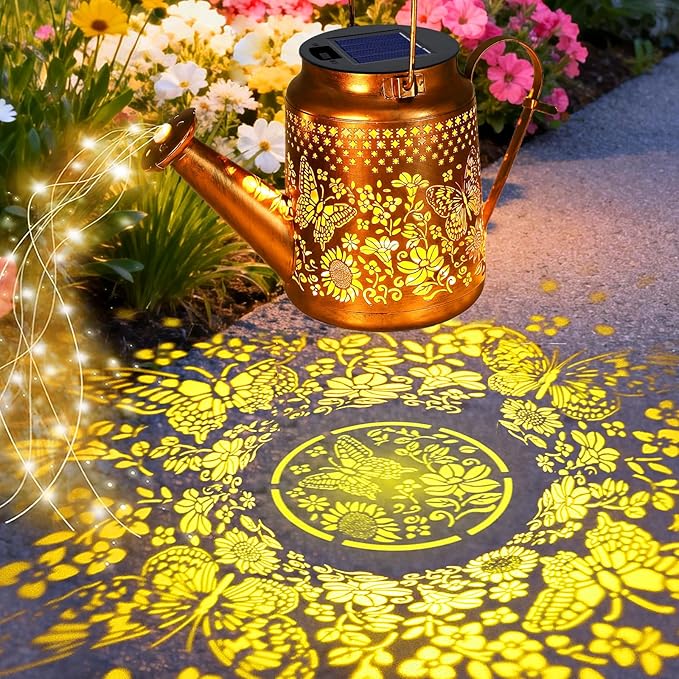 VOOKRY Solar Lights Outdoor Waterproof, Butterfly Retro Metal Solar Watering Can Lights, Birthday Gifts for Women Mom Grandma, Hanging Lantern Decorative Garden Decor for Outside Yard Lawn Patio