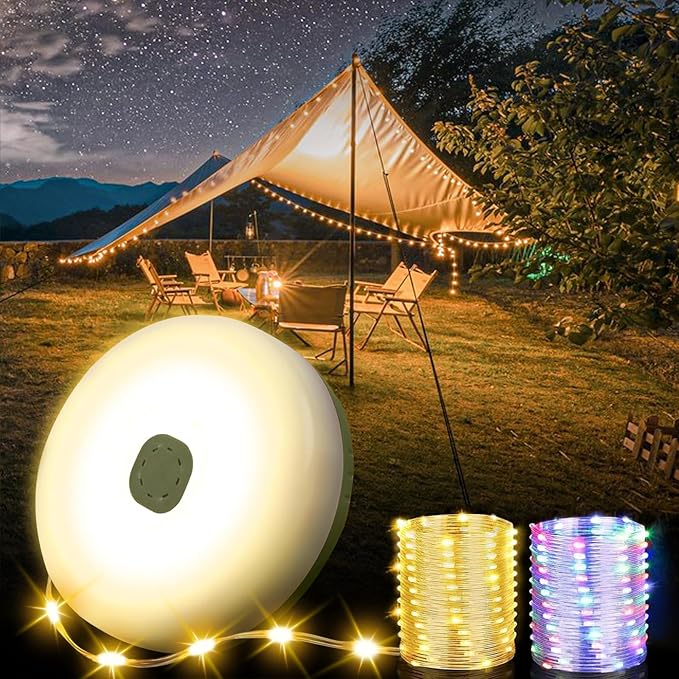 Camping String Lights, 32.8FT Warm & RGB Fairy String Lights 130LEDs, 4 In 1 Portable Waterproof Camping Light with 12 Modes, Hanging Tent Lanterns for Outdoor Hiking Yard Home Bedroom Decorations