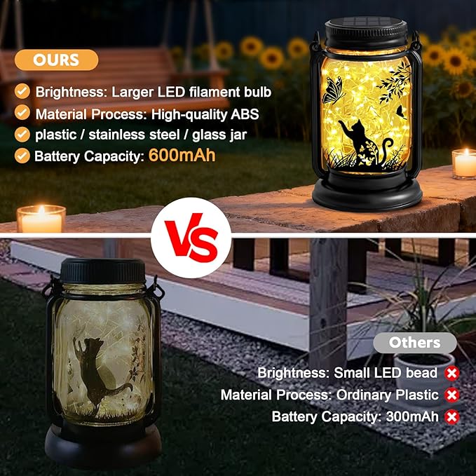 2 Pack Cat Solar Lanterns, Outdoor Hanging Solar Lantern with Stake, Birthday Gifts for Mom, Grandma,Women,Black Cat Butterfly Vintage Glass Mason Jar Waterproof Lights for Yard Garden Decor