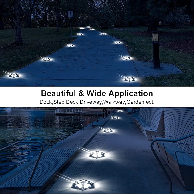 Solar Dock Lights Driveway Deck Lights - 8 Packs Waterproof 1200mAh Outdoor LED Aluminum Dock Lighting Warning Step Light for Driveway Sidewalk Garden Pathway Yard (White)