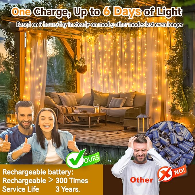 HXWEIYE Rechargeable 300LED Curtain Lights Battery Powered, 9.8x9.8Ft Outdoor Fairy String Lights with Remote & DIY Timer, 8 Modes Twinkle Light Waterproof for Indoor Backdrops Wedding, Warm White