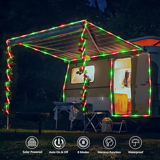 Solar Rope Lights, 33ft 100LED Solar String Lights, 8 Modes Waterproof Solar Powered Outdoor Light, Flexible Clear Tube Light for Garden Backyard Patio Deck Porch Pool Tree Christmas Decor- Red&Green