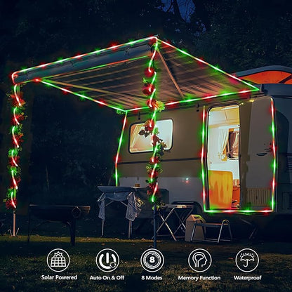 Solar Rope Lights, 2 Packs Total 132ft 400LED Solar String Lights, 8 Modes Waterproof Solar Powered Outdoor Light, Flexible Clear Tube Light for Garden Yard Patio Deck Porch Tree Xmas Decor -Red&Green