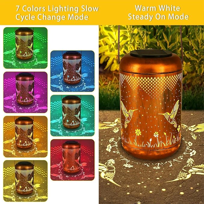 7 Color Variations Solar Lanterns Outdoor, Waterproof Hummingbird Garden Decor, LED Hanging Lights Metal Decor for Yard, Patio, Porch, Lawn, Tabletop - Perfect Christmas Gift for Women, Mom, Grandma