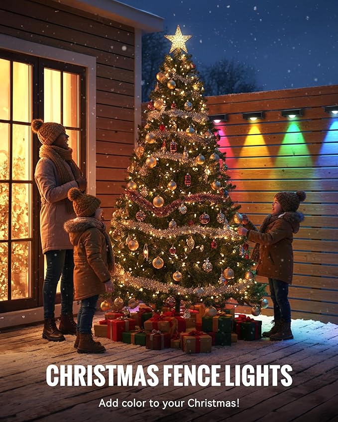 Solar Fence Lights Outdoor, 10 RGB Color & 3 Light Mode Fence Lights Solar Powered for Outside Backyard, Railing, Step, Patio, Fence Post, Home Improvement Garden Decor, 12 Pack
