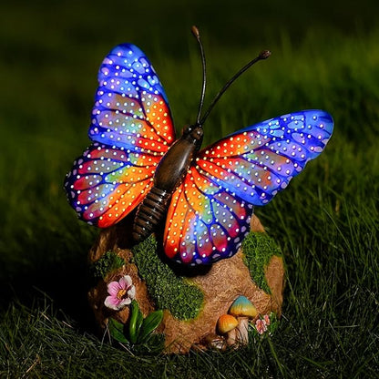 Solar Butterfly Garden Statue Weatherproof Outdoor Hand-Painted Decor Butterfly Resin Figurine Orange