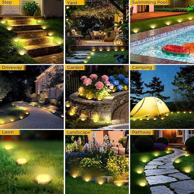4 Pack Solar Ground Lights Outdoor, 8 LED Mini Flat Solar Disk Lights, IP65 Waterproof Anti-Rust Disc Light, Landscape Lighting for Garden Pathway Yard Walkway Driveway Lawn,Warm White