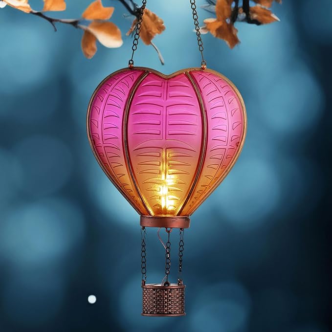 TERESA'S COLLECTIONS Valentine's Day Hot Air Balloon Solar Lantern Party Decorations, Outdoor Decor for Garden Flickering Flame Hanging Solar Lights Heart-Shaped Lantern for Anniversary Wedding Decor