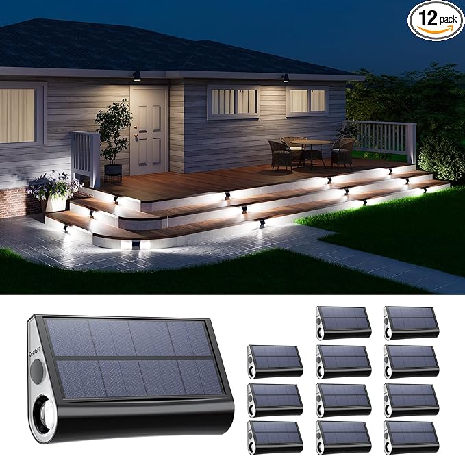 12-Pack Cool White Deck Solar Lights, Waterproof LED