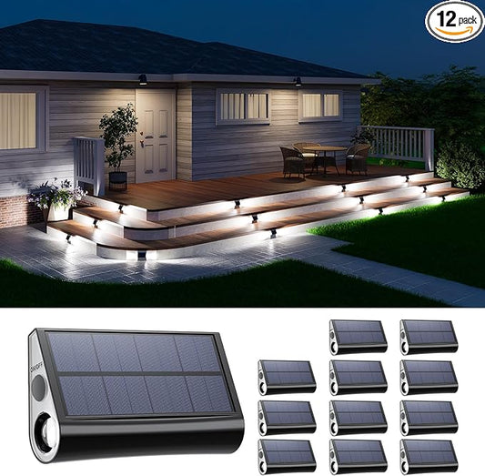 12 Pack Cool White Solar Powered Stair Lights for Outside Waterproof Deck Step Safety LED Ourdoor Decorative Lamp for Porch Railing, Backyard, Patio, Pathway, Garden, Pool, Easy Installation in 1 Min