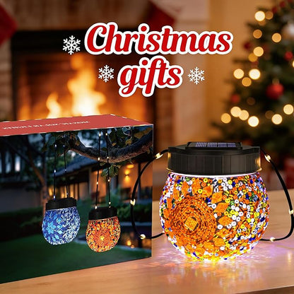 Mosaic Solar Lights Outdoor 6 Pack, Solar Hanging Lanterns Christmas Halloween Gifts for Women Mom Grandma, Waterproof Glass Globe Lights, Garden Patio Decor for Yard, Tree, Balcony, Warm