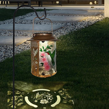 10" H Hummingbird Solar Lanterns Outdoor, Metal Glass Hanging Solar Lamp with Hollow Out Retro Hummingbird Lights, Decorative for Garden Yard Patio Pathway Tabletop Gifts