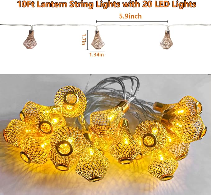 Moroccan Lantern String Lights Battery Powered 10Ft Fairy Lantern Lights 20 LED Golden Raindrop Lights, Warm White String Lights for Outdoor, Patio, Garden, Tent, Bedroom, Party, Wedding, Xmas Decor