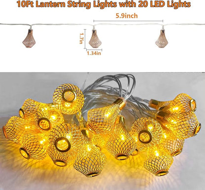 Moroccan Lantern String Lights Battery Powered 10Ft Fairy Lantern Lights 20 LED Golden Raindrop Lights, Warm White String Lights for Outdoor, Patio, Garden, Tent, Bedroom, Party, Wedding, Xmas Decor