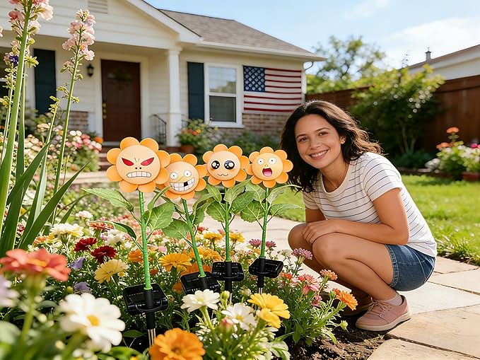 Customizable 4 Pack Bobble Face Wind Spinners Sunflower Fairy Light Pinwheels Solar Light Outdoor - Garden Decor, Waterproof Auto-On/Off Pathway, Lawn, Yard Stake Light Windmill