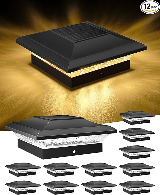 Solar Post Cap Lights 12-Pack, Waterproof LED