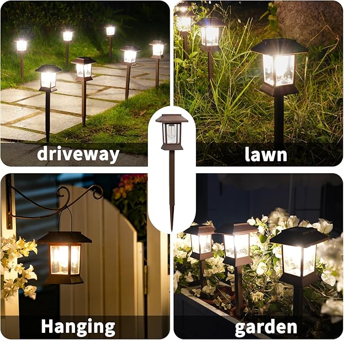 6Pack Solar Pathway Lights Outdoor Waterproof IP65, Brown Solar Lights Outdoor with Hook Upgraded 1000mAH Battery, Up to 12Hrs, Auto On/Off, Garden Decor for Yard, Driveway, Walkway (Bulb)