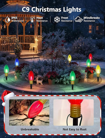 Jumbo Outdoor Christmas Lights Pathway, 2 Pack 7 Ft Jumbo C9 LED Christmas Pathway Lights Outdoor with Marker Stakes, 8 Multicolor Bulbs Holiday Pathway Lights for Lawn Yard Decor