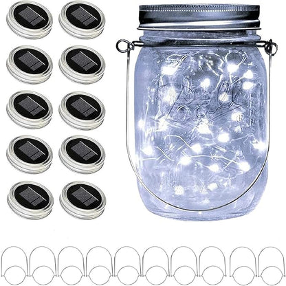ANGMLN Upgraded Solar Mason Jar Lid Lights, 10 Pack 30 LED Fairy Star Firefly String Lids Lights Including (10 pcs Hangers),for Wedding Patio Garden Party Decorations (No Jars)