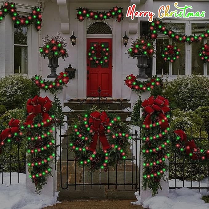 YEGUO Christmas Lights Battery Operated, 2 Pack Each 33ft 100 LED Red and Green String Lights Outdoor Waterproof, 8 Modes Green Wire Fairy Light Indoor with Remote