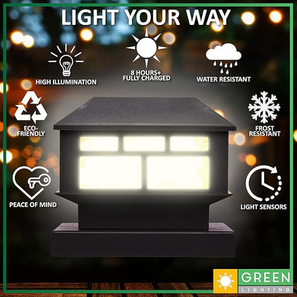 GreenLighting Modern Solar Post Cap Lights Fits 4x4 Wood, 4x4 & 5x5 PCV/Vinyl Outdoor Solar Powered Light, Fence Post, Landscaping, Deck, Garden- Bright LED, Waterproof Black 8 Pack