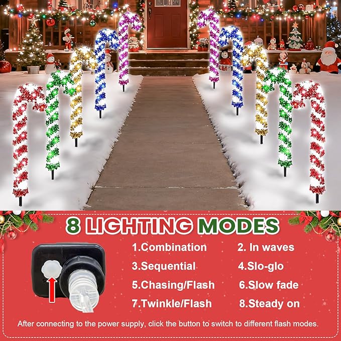 10 Pcs Christmas Candy Cane Lights 21'' Multicolor Candy Cane Pathway Light with 8 Lighting Modes Waterproof Christmas Pathway Lights with Stakes for Walkway Patio Yard Lawn Garden Decoration