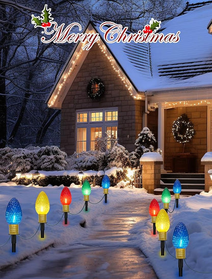 C9 Multicolor Christmas Decorations Outdoor Waterproof, 8FT Strawberry Jumbo Walkway Lights with 4 C9 LED Bulb, Connectable Marker Stakes Landscape Lights for Winter Yard Garden Lawns Xmas Holiday