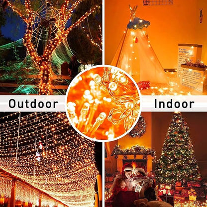 JMEXSUSS 33ft 100 LED Orange Christmas Lights, Battery Operated Christmas Lights, Orange String Lights with Remote Indoor Outdoor Waterproof for Fall Xmas Decorations (Pack of 2)