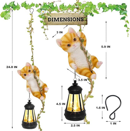 Solar Hanging Cat Statue, Outdoor Resin Orange Cat Figurine with LED Lights, Ginger Kitty Animal Ornament for Garden, Fence, Porch, Patio, Yard Decor, Dusk to Dawn Auto On/Off
