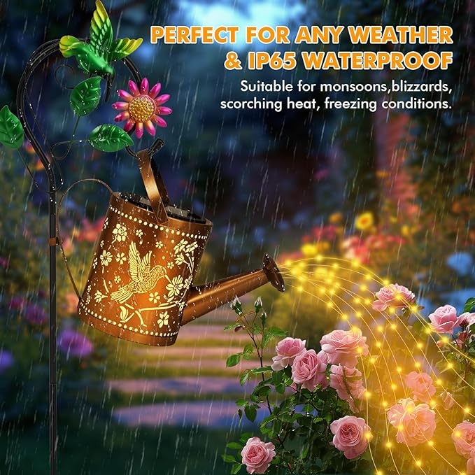 Hummingbird Outdoor Hanging Solar Lantern Waterproof Metal Openwork Hummingbird Watering Can Landscape Lights with Shepherd Hook for Porch Lawn Driveway Backyard Pathway Gifts for Women Mom Grandma