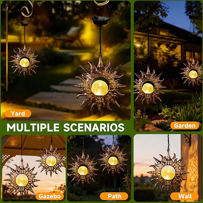 Solar Lights Outdoor Decorative,Sunflowers Hanging Solar Garden Lights Waterproof Yard Decor Metal Sun Flowers Unique Gifts Ideas for Outside Patio Lawn Tree Decorations,Yard Patio Accessories