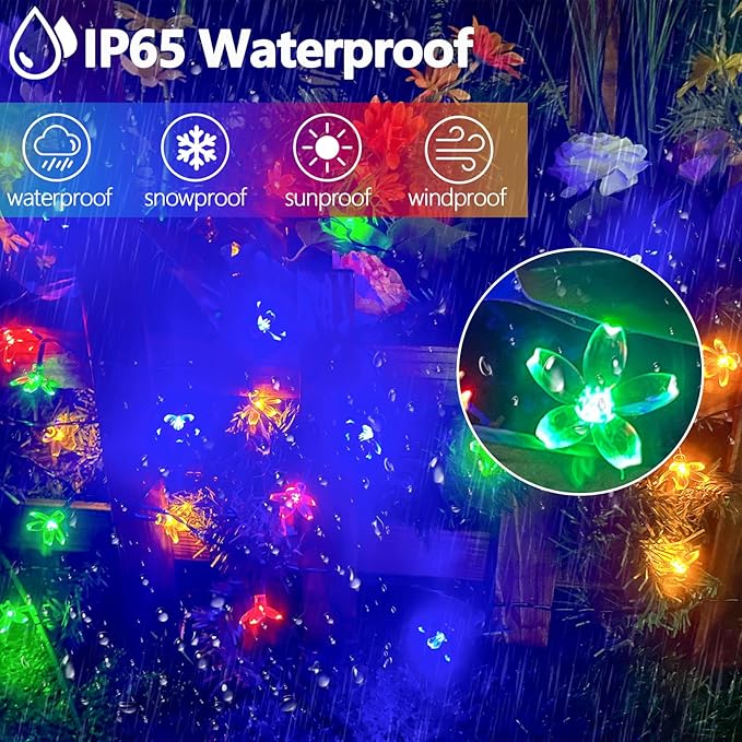 2PK 80LED 50FT Flower Solar String Lights Outdoor Waterproof, Cherry Blossoms Multicolor Lights with 8 Lighting Modes, Garden Decor for Outside, Pathway Light for Fence, Patio, Yard