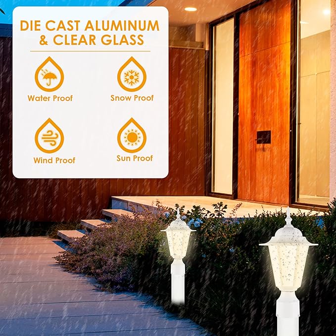 GRUENLICH Outdoor Post Light, White Waterproof Lamp Post Lights Fxiture, Aluminum Pole Lantern for Outside Yard Pathway Garden, 2 Pack