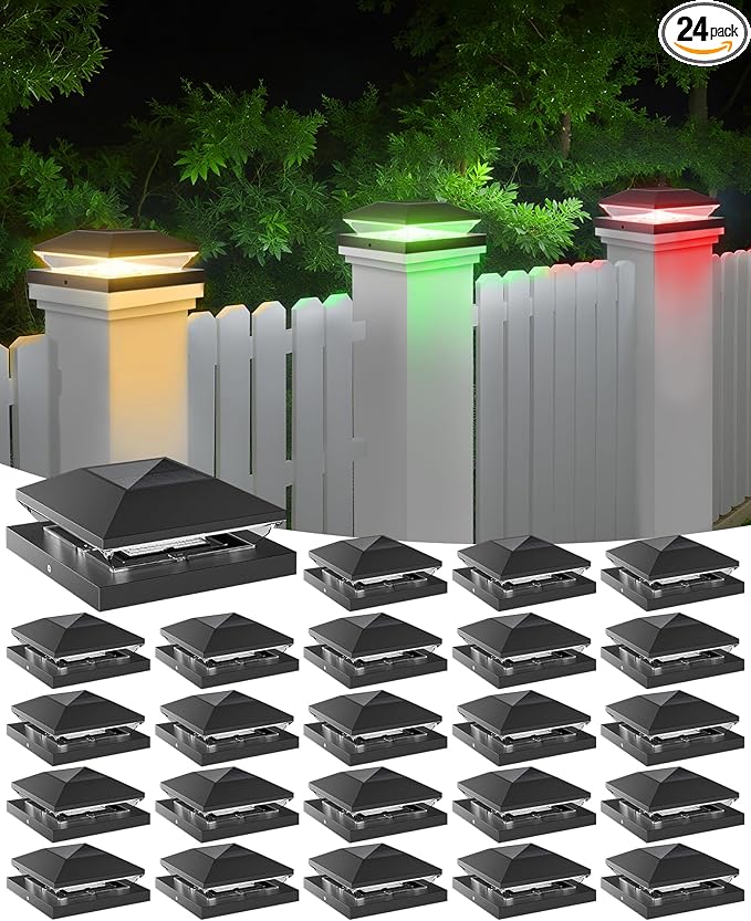 T-SUN Solar Post Cap Lights with Auto-Change Colors- for Wooden (4x4/6x6) & Vinyl (4x4/5x5) Posts | Weatherproof Outdoor Solar Fence Post Lights for Deck, Porch, Garden & Stairs(24-Pack,RGB)