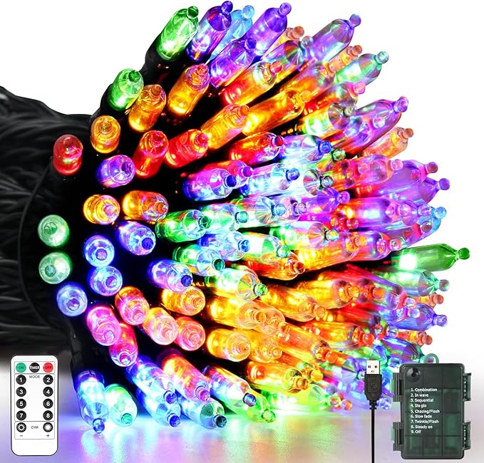 Tcamp Battery Operated Christmas Lights Outdoor Indoor, 33ft 100LED Christmas Tree Lights with Remote Timer, 8 Modes Waterproof Fairy String Lights for Christmas Tree Wreath Party Decor (Colored)