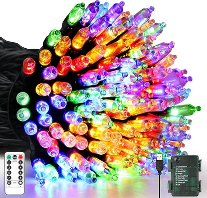 Tcamp Battery Operated Christmas Lights Outdoor Indoor, 33ft 100LED Christmas Tree Lights with Remote Timer, 8 Modes Waterproof Fairy String Lights for Christmas Tree Wreath Party Decor (Colored)