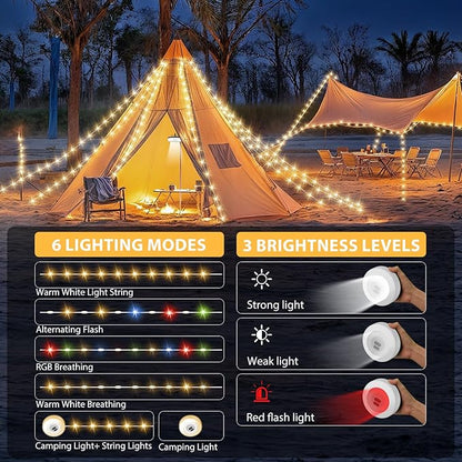 Camping String Lights, 4 in 1 Quick Storage 32.8FT Rechargeable Tent Lights with 9 Lighting Modes, Hanging Waterproof Portable LED Lamp for Outdoor Patio Awning Garden Party Camping Essentials Gear