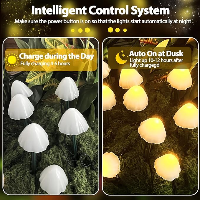 OZS 2PK 32LED 55FT Mushroom Solar Garden Lights Outdoor, Solar String Lights Waterproof with 8 Lighting Modes, Solar Garden Decor for Outside, Pathway Light for Yard Decoration (Warm White)
