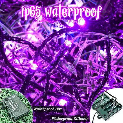 Purple Lights Halloween Lights String Total 100LED Battery Operated Outdoor 8 Modes with Timer 16.4Ft*2, 50LED*2 Waterproof Indoor for Halloween Decor, Purple, 2-Pack
