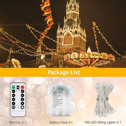 echosari Christmas String Lights Battery Powered, 33Ft 100 LED String Lights with Remote Dimmable Timer Fairy Lights for Wedding Party Garden Decor (Warm White)