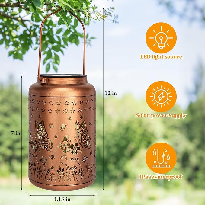 Butterfly Solar Lanterns Outdoor Waterproof, Butterfly Birthday Gifts for Women Mom Grandma, Metal Hanging Solar Lights Outside Decorations for Garden Patio Porch Backyard Garden Decor