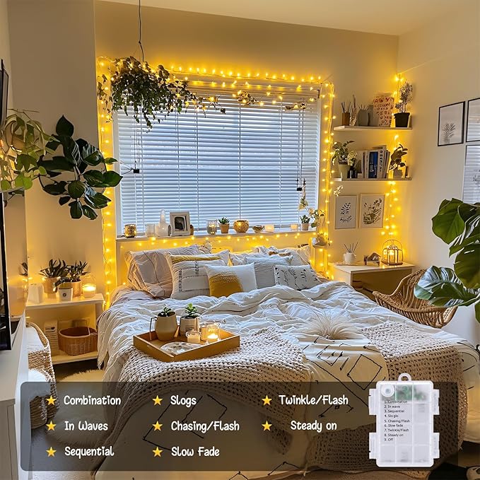JMEXSUSS 2 Pack Battery Operated String Lights for Bedroom, Total 66ft 200 LED Ramadan String Lights Indoor Outdoor with Remote, Warm White Battery Christmas Lights for Room Tree Porch Party Yard Car